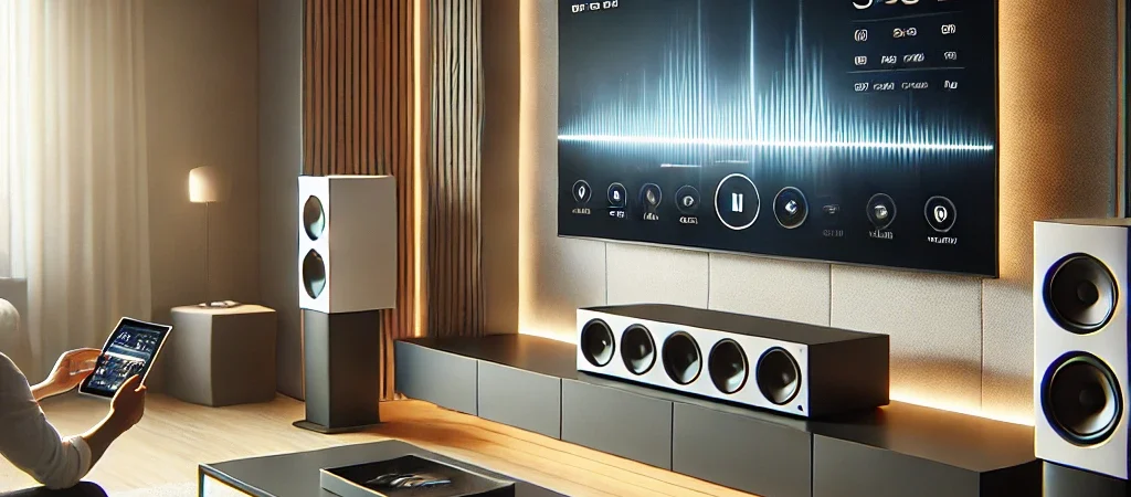 Dall·e 2025 03 20 22.14.12 a sleek, modern home entertainment system with no visible wires. a wall mounted flat screen smart tv is surrounded by wireless speakers in a minimalis
